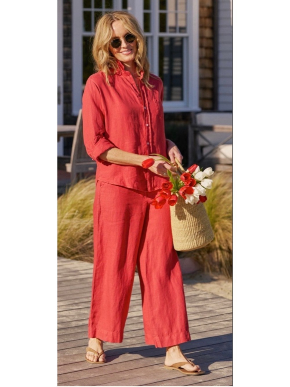 Frank & Eileen Red Linen Wide Leg Pants Set XS S M New! Oversized